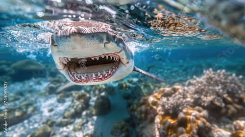 Close up of a sharks open mouth showcasing razor sharp teeth ready for its next meal in crystal clear waters