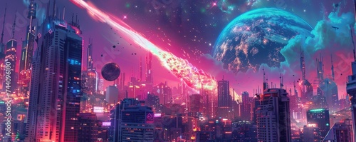 Sci fi inspired cityscape with a futuristic meteor event blending urban life with cosmic phenomena