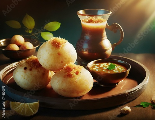 Delicious north and south indian street food pani puri gol gappa with tamarind water served