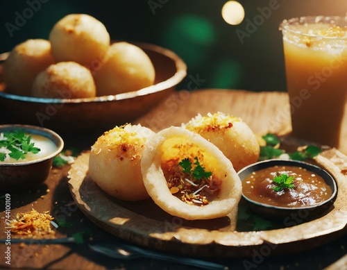 Delicious north and south indian street food pani puri gol gappa with tamarind water served