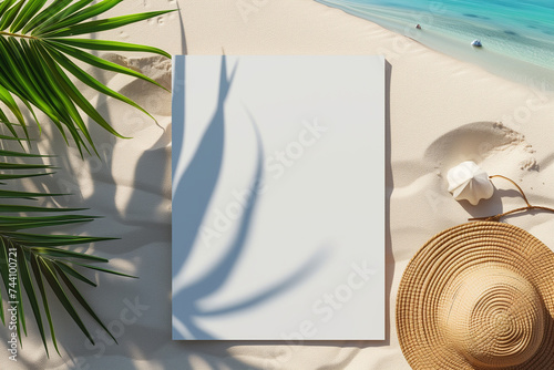 mockup of a blank cover white poster sign with a beach summer vacation background