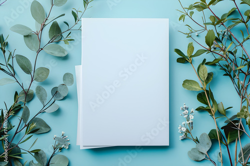 mockup of a blank cover white magazine with a blue background with leaves