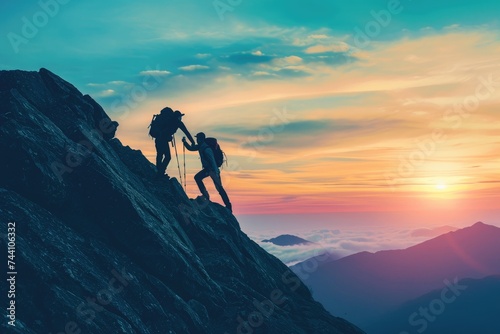 Two individuals skillfully climbing up the steep side of a rugged mountain, Rewarding journey of two hikers, one helping the other reach the mountain top, AI Generated