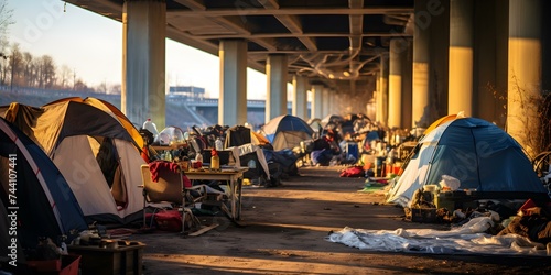 Makeshift village of tents and shelters under highway bridge tarp homes. Concept Homelessness, Urban Encampments, Shelter Crisis, Community Support