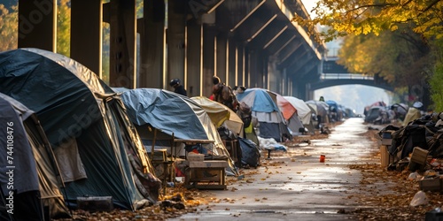 Temporary Settlement Under Highway Bridge: Tarp Homes and Makeshift Shelters. Concept Homelessness, Urban Living, Temporary Housing, Community Support, Economic Inequality
