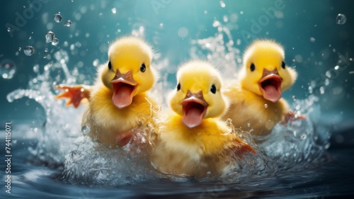 Cheerful Ducklings Splashing Water - These energetic ducklings splashing in water represent joy and the liveliness of nature's creatures.