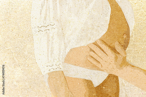 Ilustracja brzuch ciężarna kobieta dłoń mężczyzny na brzuchu.