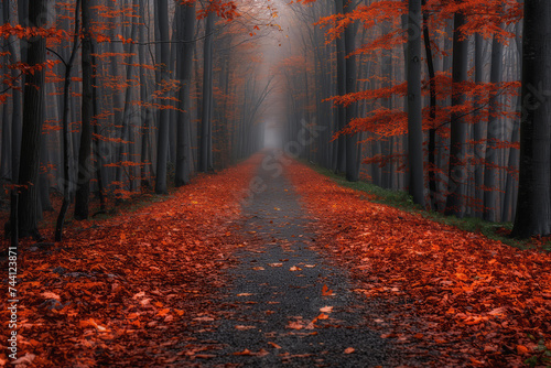Serene path covered with fallen leaves, flanked by foggy, autumnal trees