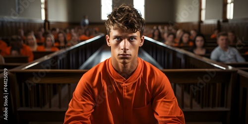 Awaiting Trial: Young Man in Handcuffs and Orange Jumpsuit in Court. Concept Legal Proceedings, Criminal Justice, Courtroom Drama, Young Offender, Detained Suspect