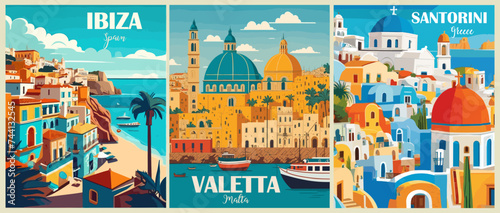 Set of Travel Destination Posters in retro style. Santorini Greece, Ibiza Spain, Valetta Malta prints. European summer vacation, Mediterranean holidays concept. Vintage vector colorful illustrations.