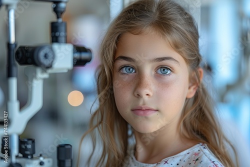 A child with clear blue eyes undergoes a vision examination against the background of ophthalmic equipment. Concept: eye health in children, pediatric ophthalmological services, diagnosis of vision 