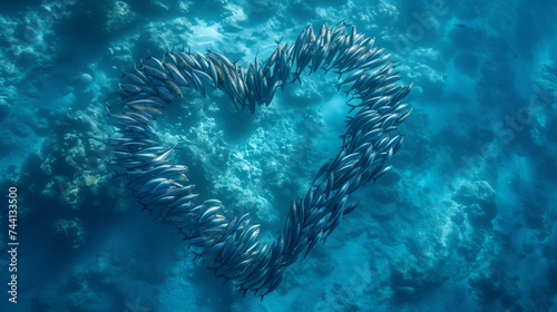 A school of sardines swimming together forming a heart shape in the blue ocean, Large group of marine life swimming together