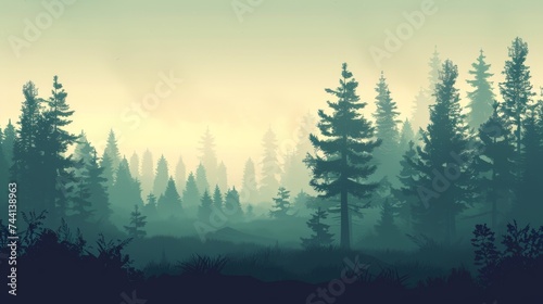 Aerial photography of a Norwegian forest. Treetops in the fog. Beautiful nature background