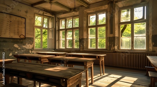 Sunlit vintage classroom with wooden desks and green chalkboard. empty school room in old-fashioned style. nostalgic educational setting. AI