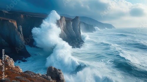 Rocky cliffs and stormy sea at dusk