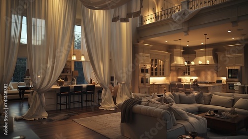 The soft glow of twilight filters through sheer curtains into a grand living room and kitchen, showcasing vaulted ceilings and luxurious furnishings.