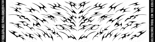 Neo tribal art constructor. Y2k cyber sigil aesthetic tattoo, simmetric ethnic celtic shape. Vector illustration of emo gothic tribal tattoo designs, acid metal music poster.