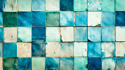 Abstract background of green and blue toned bathroom tiles