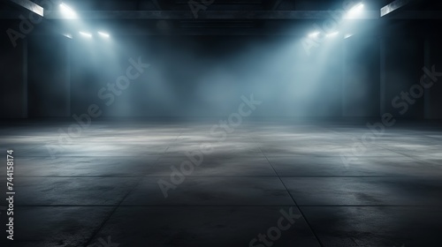 Background of empty dark room, street. Concrete floor, asphalt, neon light, smoke, spotlight