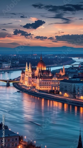 Twilight over Hungarian Parliament building by the river