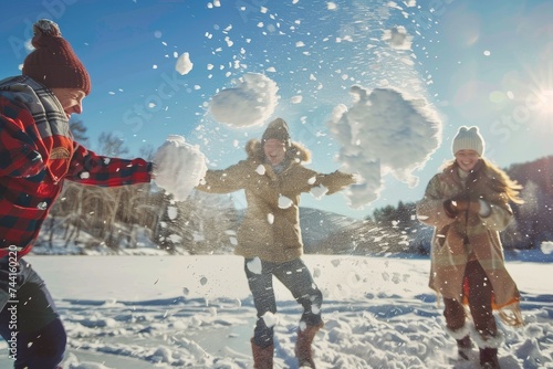 As the winter sky glowed above them, a group of people clad in warm clothing gleefully tossed snowballs into the air, their laughter echoing through the frosty outdoors