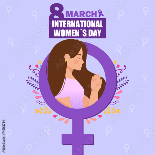Banner del día internacional de la mujer, 8 de marzo con ilustración de mujer en el símbolo de femenino y flores en el fondo