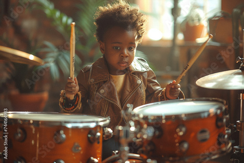 A child learning to play the drums, their concentration punctuated by bursts of delighted laughter at each successful beat.
