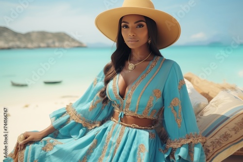 A young woman wearing a stylish blue boho maxi dress and a wide-brimmed hat is relaxing on a beautiful tropical beach with white sand and crystal-clear water.
