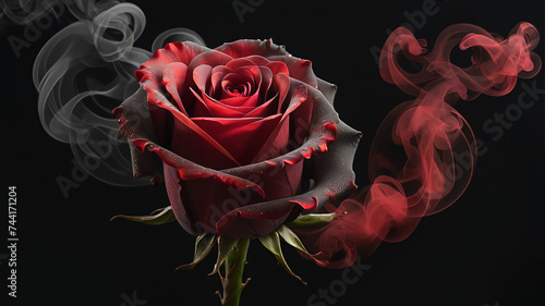 mage of a rose that evaporates and black and red smoke comes out of it on a black background. 