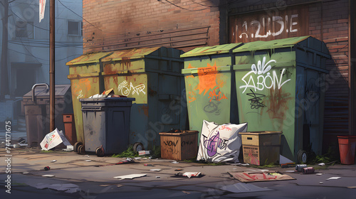Colorful chaos surrounds a row of waste containers, as vibrant graffiti adorns their battered surfaces on a gritty city street