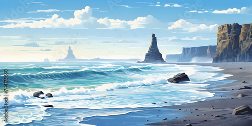 Watercolor illustration lanscape view of Reynisfjara beach Iceland