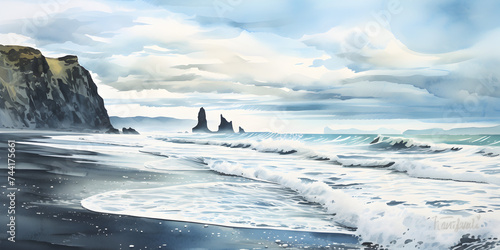 Watercolor illustration lanscape view of Reynisfjara beach Iceland