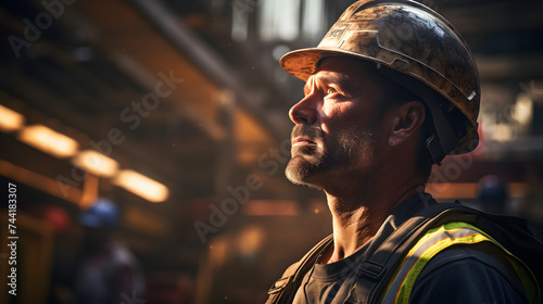 a construction worker looking at his work load with a headgear