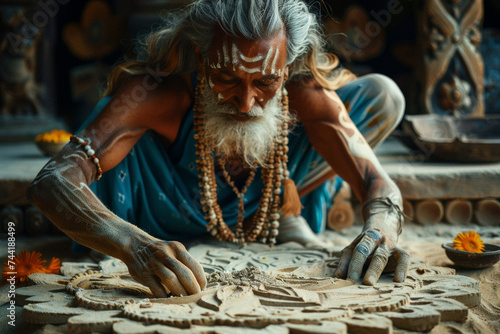 An artist creating intricate mandalas in sand, each grain a testament to the impermanence and beauty of life.