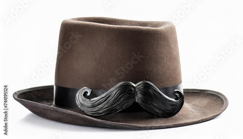 ancient bowler hat with black curly moustache isolated on white