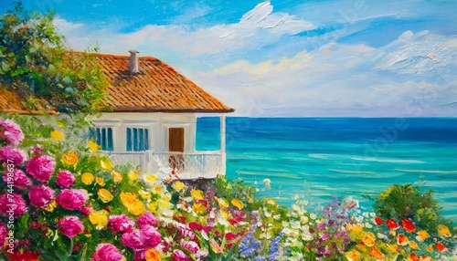 oil painting house near the sea colorful flowers summer seascape
