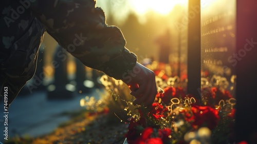 A person placing flowers on a memorial site at sunset