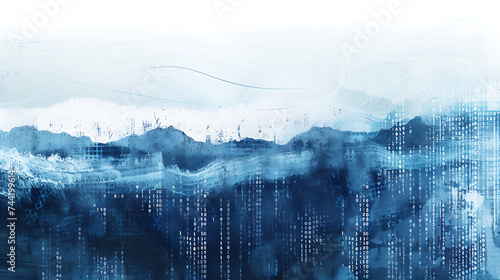 Blue and white abstract landscape where binary code transforms into network devices, with a gradient rough abstract background symbolizing the digital horizon