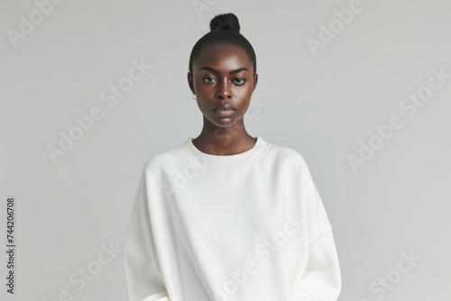 Mockup. Young woman wearing blank basic plain white oversized crewneck sweatshirt. Young female posing on neutral background. Mock up template for sweatshirt design, print area for logo or design