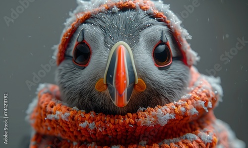 Portrait of a funny puffin wearing a warm knitted sweater and hat