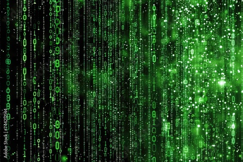 This photo captures a striking image of a multitude of green numbers set against a black background, Green code raining down a black screen, Matrix-like scene, AI Generated