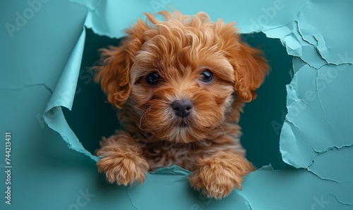 Funny maltipoo puppy punching a hole with his head in blue paper in studio with copy space