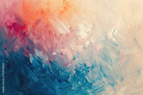 An artistic depiction of abstract shapes and patterns using a color palette consisting of blue, pink, and orange, Impressionist-style abstract background with gentle brush strokes, AI Generated