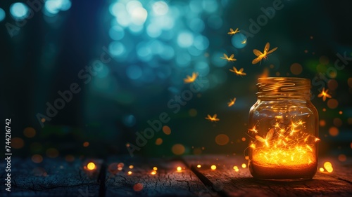 Fireflies in a jar on a wooden surface with a mystical forest background