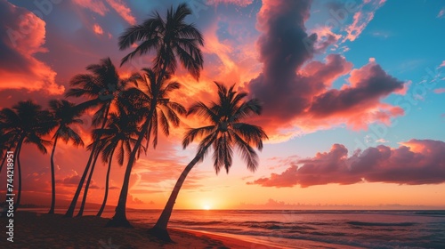 As the sun sets on the horizon, the afterglow illuminates the peach palms and date palms that line the tropical beach, creating a serene and peaceful outdoor landscape of palm trees against the backd