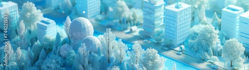 Futuristic cityscape in icy blue tones with skyscrapers and trees covered in frost, depicting a cold urban winter scene; Concept of urban development and seasonal change 