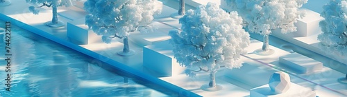 Serene winter landscape with high-contrast blue train track cutting through snowy terrain and icy trees; Concept of peaceful solitude and winter beauty 