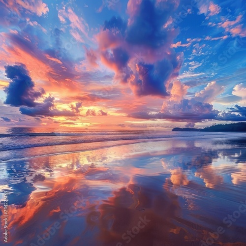 Beautiful scene evening sunset view on the coast with cloudy skies AI generated image