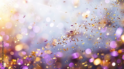 Gold and purple background and convetti in the form of a simple background. Blurred white light. Playful femininity. dots like confetti sparkling light bokeh background