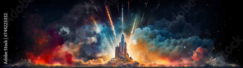 Fiery Nighttime Rocket Launch Piercing the Starry Sky